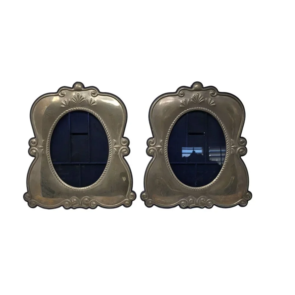 Vtg Ornate Silver-Plated Picture Frames Blue Velvet Easel Back‎ Oval 5